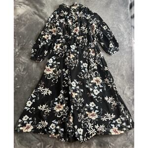 Women's Maxi Dress Long Sleeve Black Floral High Neck Button Accents